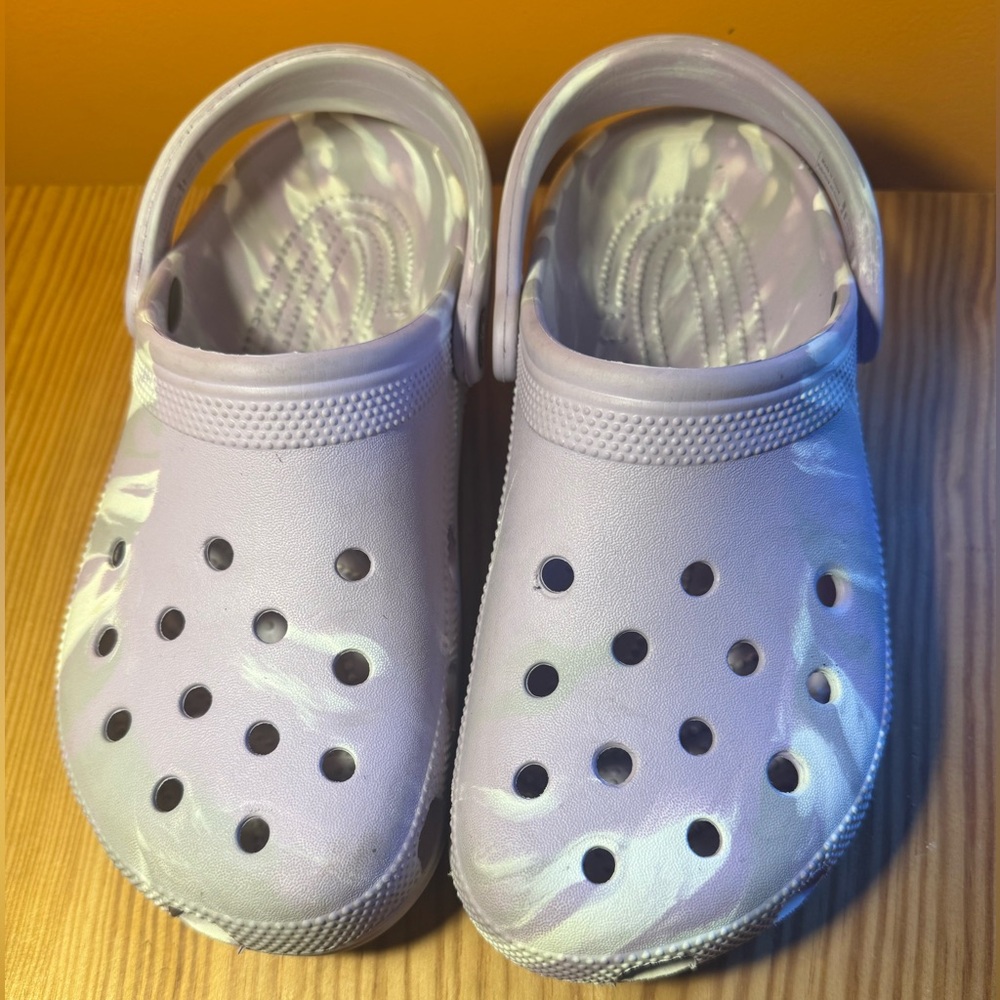 CROCS Purple, Gray, and White Slip-On Clog